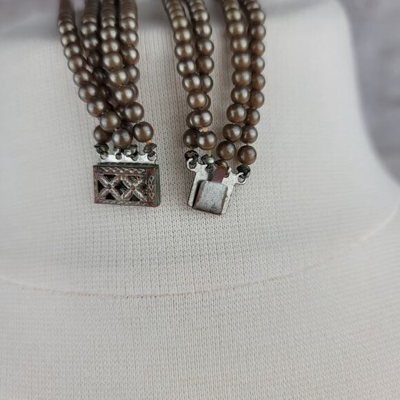 Vintage Faux Pearl Necklace Deep Bronze Choker Acrylic Layered Box Clasp - Picture 4 of 5